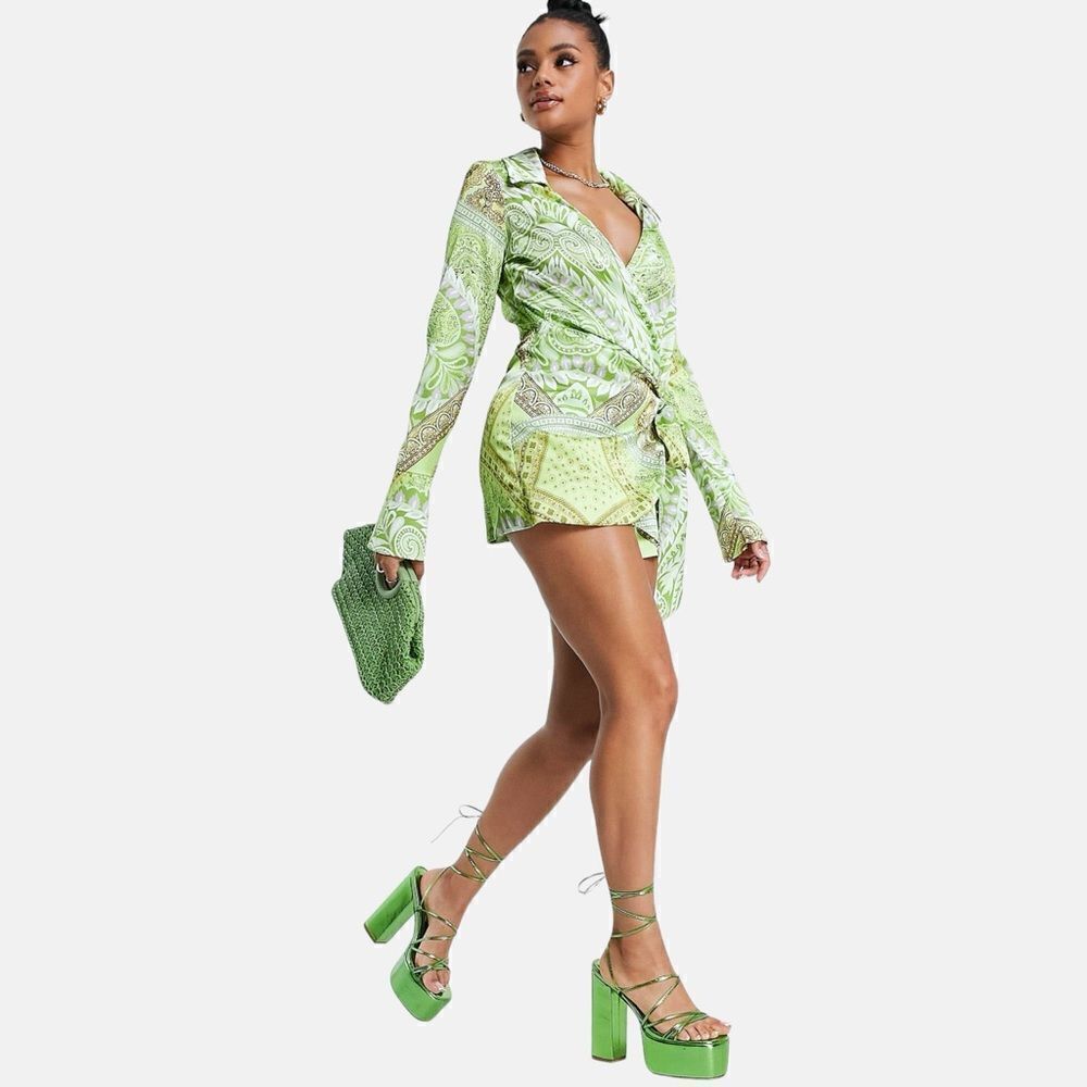 ASOS DESIGN EUC heavy satin wrap knot front romper in Paisley print Size 12 - Picture 3 of 10